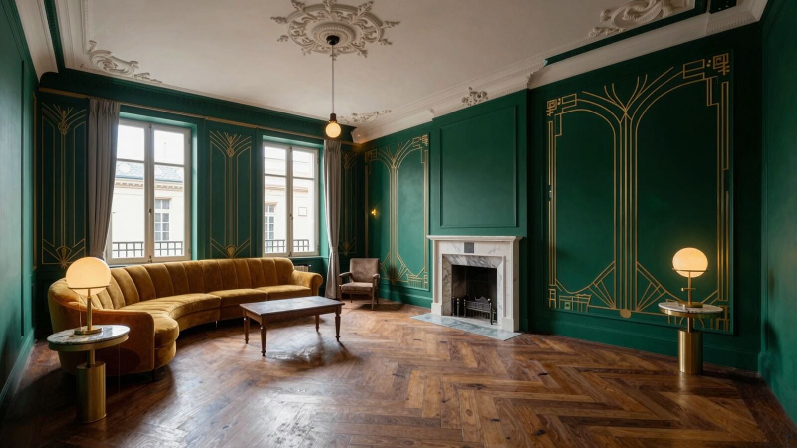 Le salon de Paris dans une ambiance Art déco : murs vert profond, canapé courbe en velours ocre.