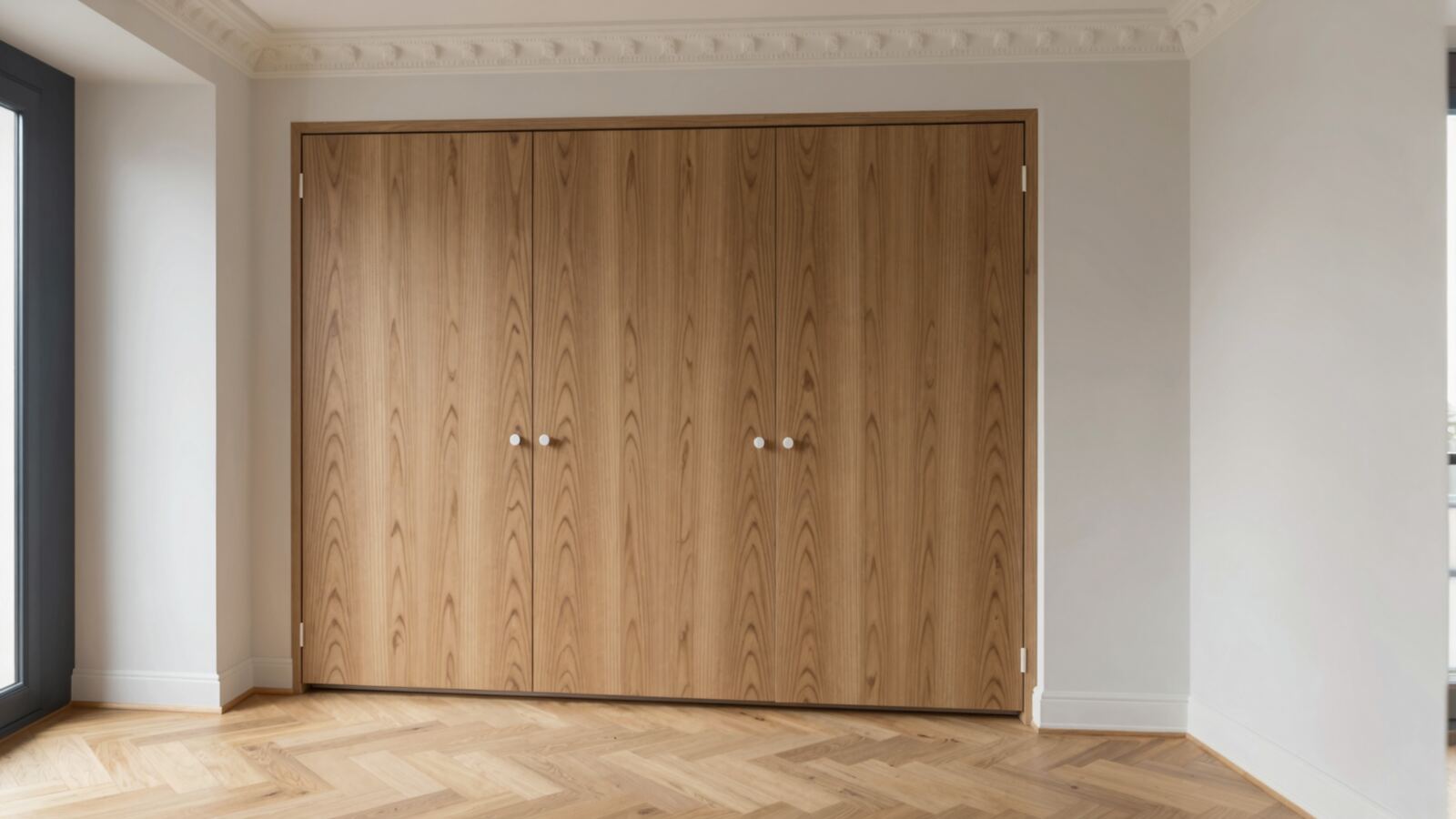 Un placard sur mesure en chêne, deux grandes portes, dans l'entrée de Paris.
