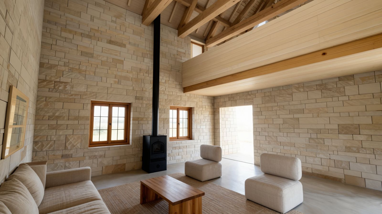 Le séjour de la grange des Sauges sous sa charpente de chêne, avec mezzanine.