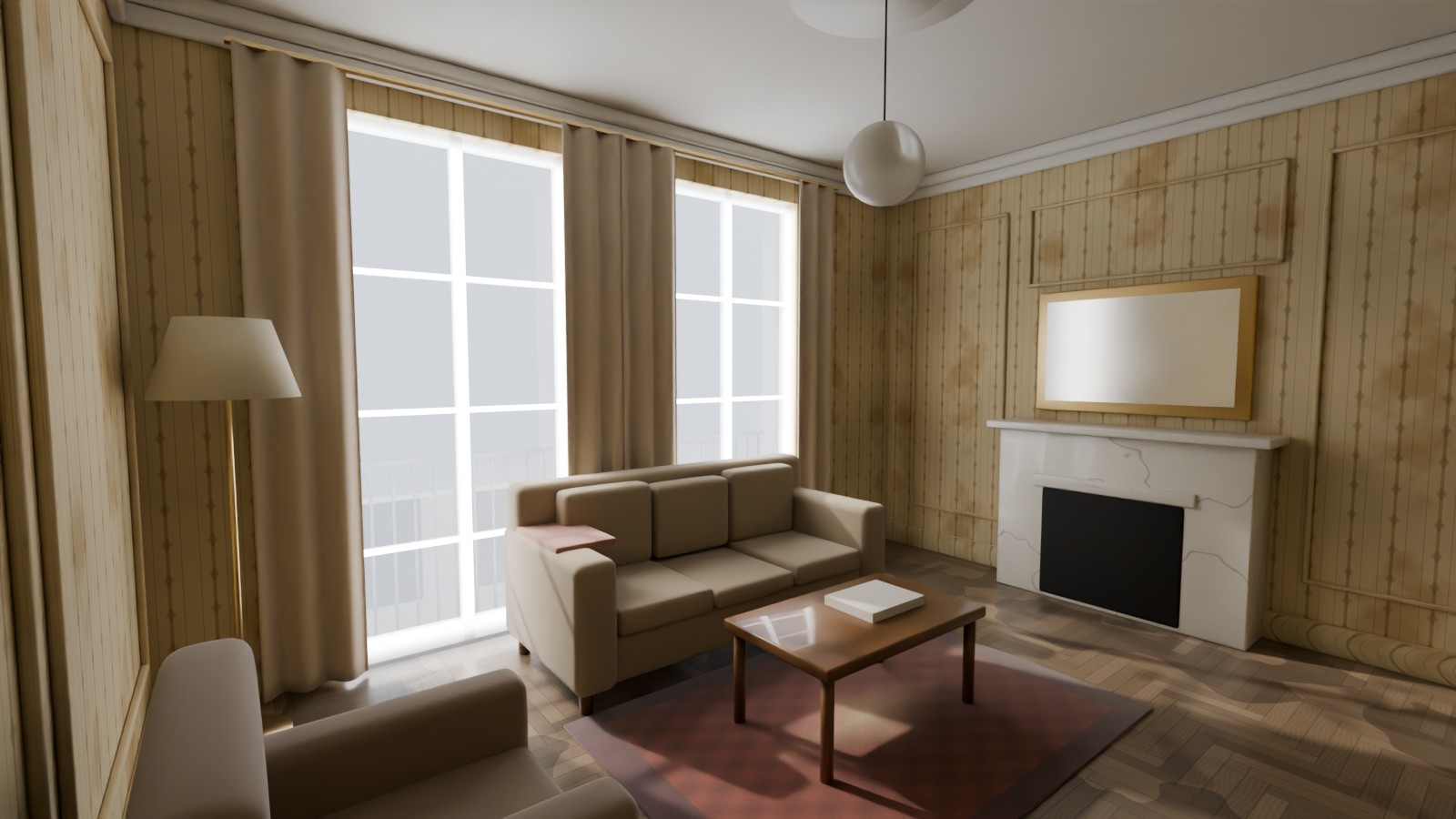 Le salon aujourd'hui : papier peint passé, parquet usé, vieux canapé.
